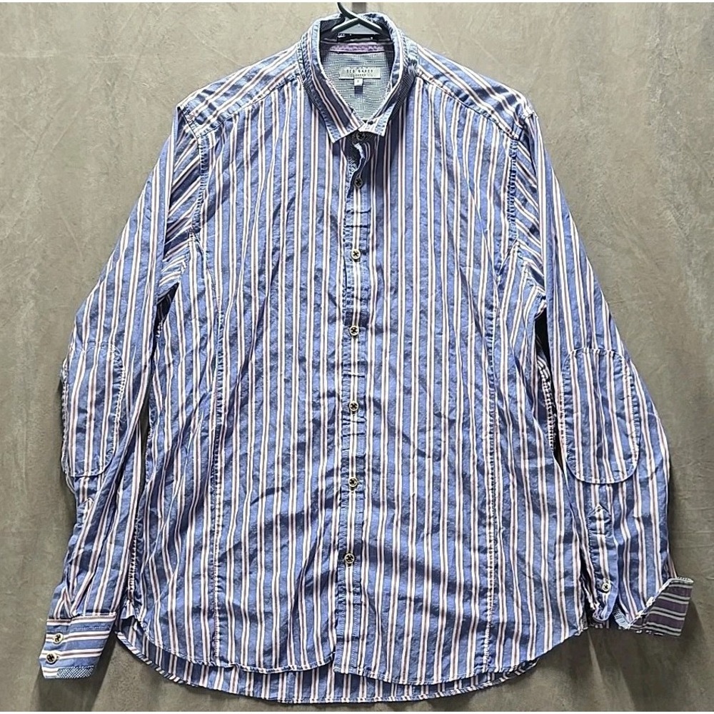 Ted Baker Shirt Men 5 Blue Red Button‎ Up Striped Elbow Patches Flip Cuffs